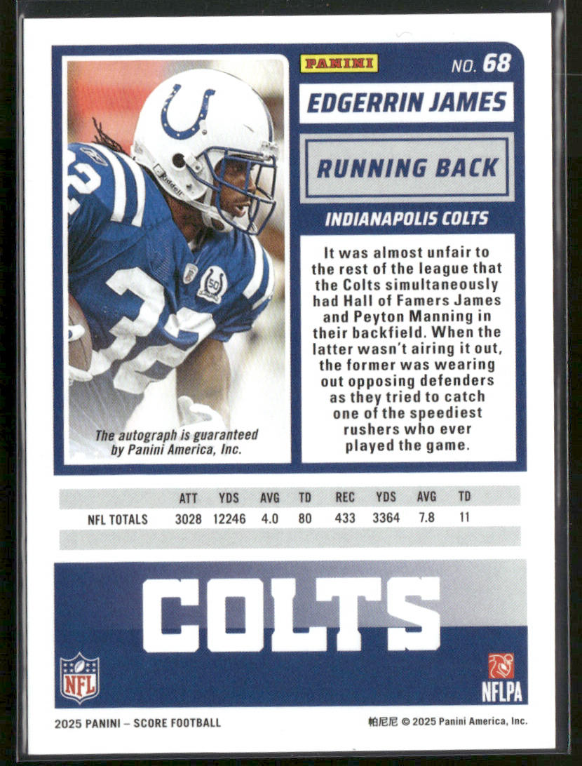 2025 Panini Score Edgerrin James #68 Gold Zone Auto 33/50