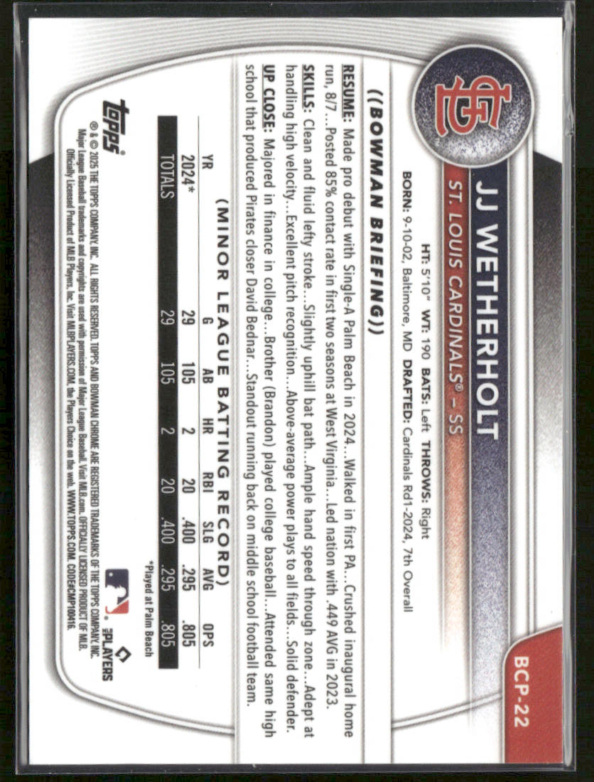 2025 Bowman JJ Wetherholt #BCP-22 Green Grass Refractor 1st Bowman Chrome 37/99