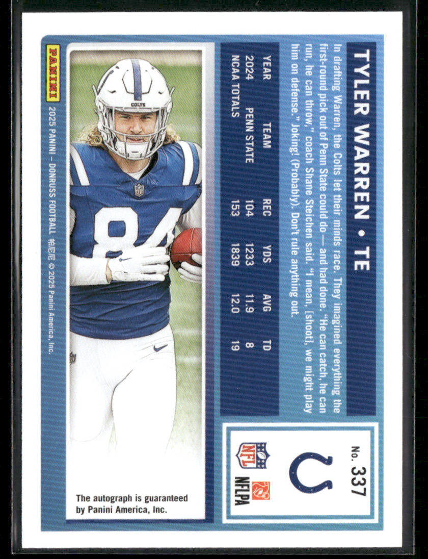 2025 Panini Donruss Tyler Warren #337 Gold Rated Rookie Auto 22/25