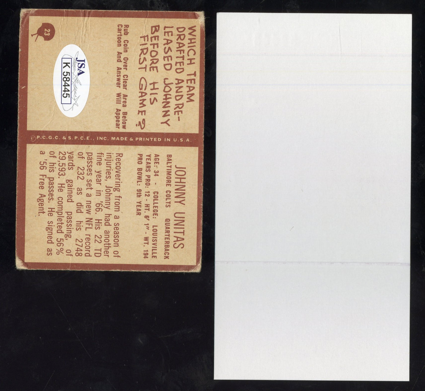 1967 Philadelphia Johnny Unitas #24 Hand Signed Auto Poor JSA Authenticated