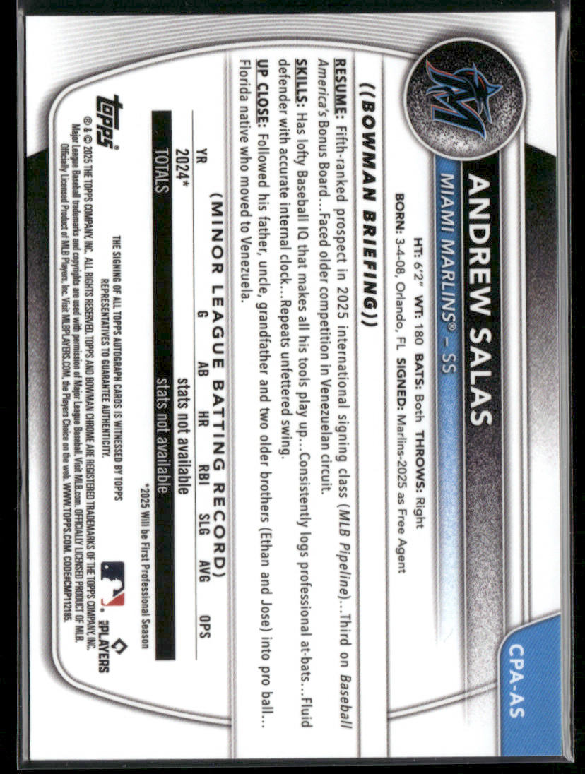 2025 Bowman Chrome Andrew Salas #CPA-AS Mini Diamond 1st Bowman Auto 004/100