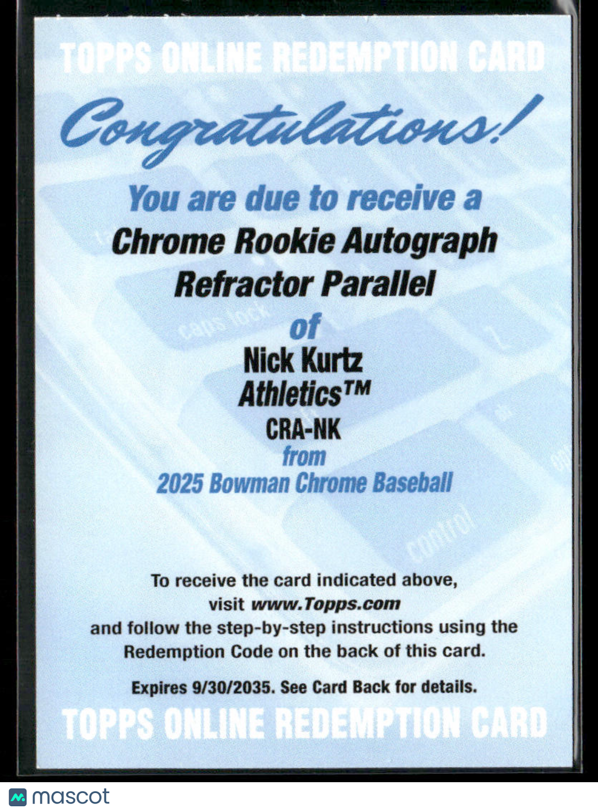 2025 Bowman Chrome Nick Kurtz #CRA-NK Refractor RC Rookie Auto Redemption