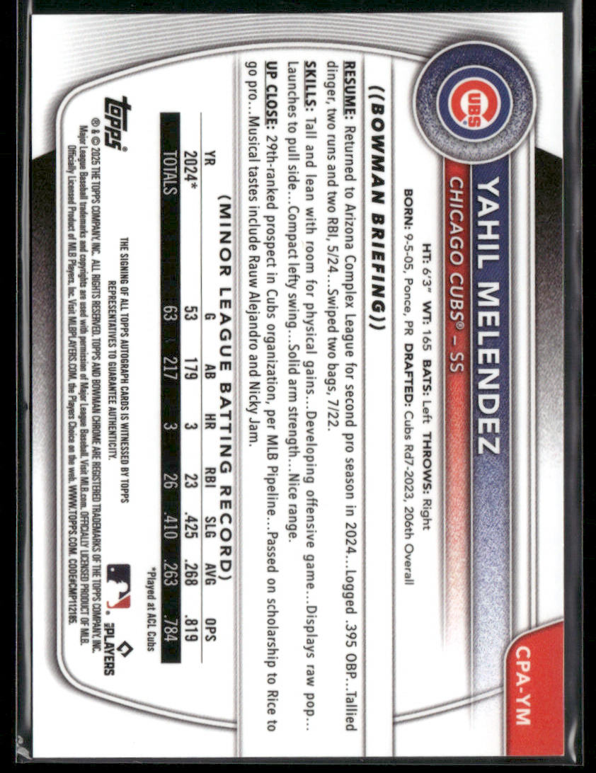 2025 Bowman Chrome Yahil Melendez #CPA-YM Green Lava 24/99 1st Bowman Auto (BT)