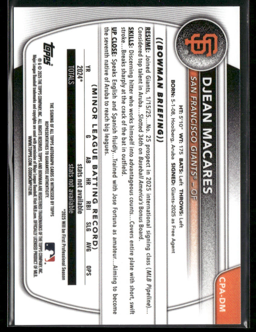 2025 Bowman Chrome Djean Macares #CPA-DM Green Lava 1st Bowman Auto 83/99 (BT)