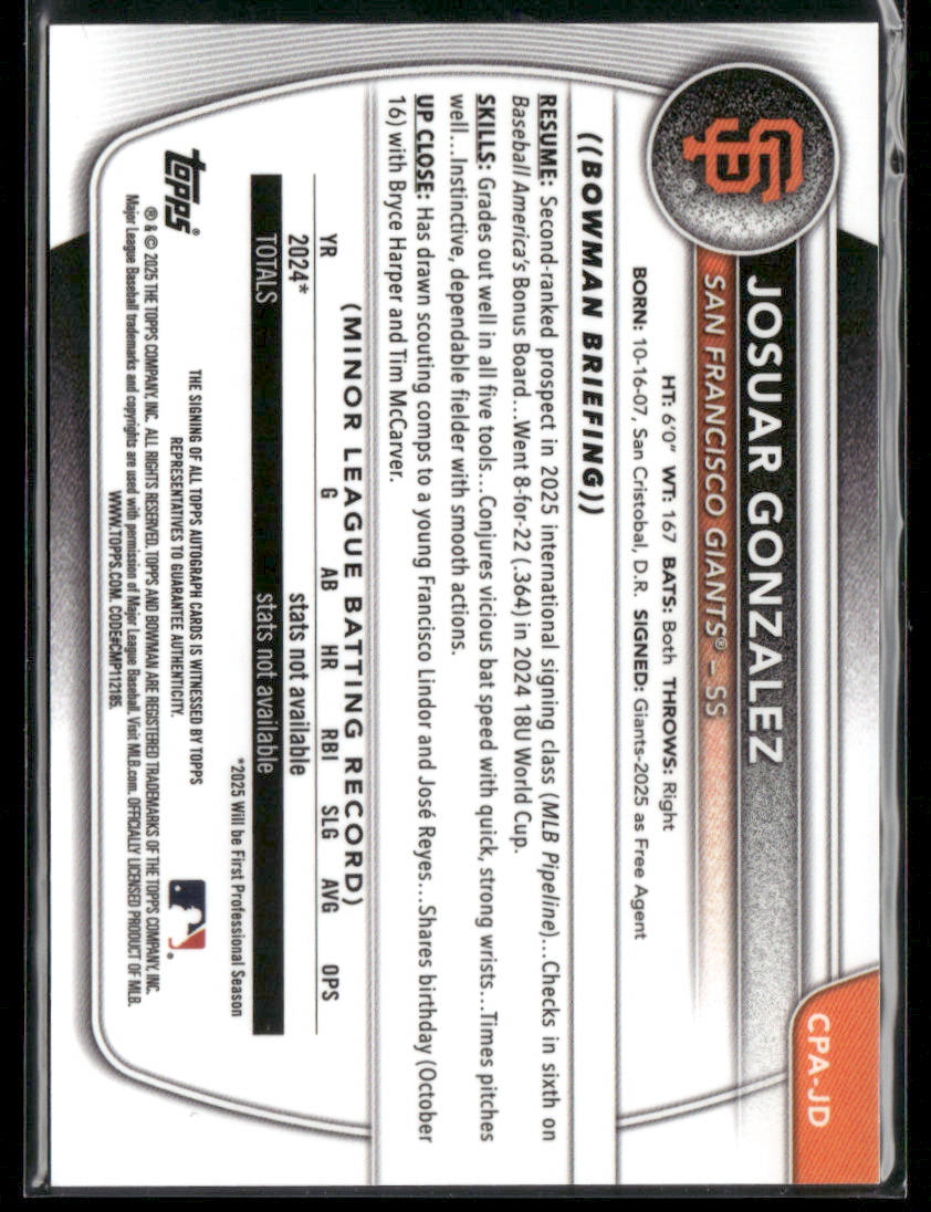 2025 Bowman Chrome Josuar Gonzalez #CPA-JG Blue 1st Bowman Auto 034/150 (BT)