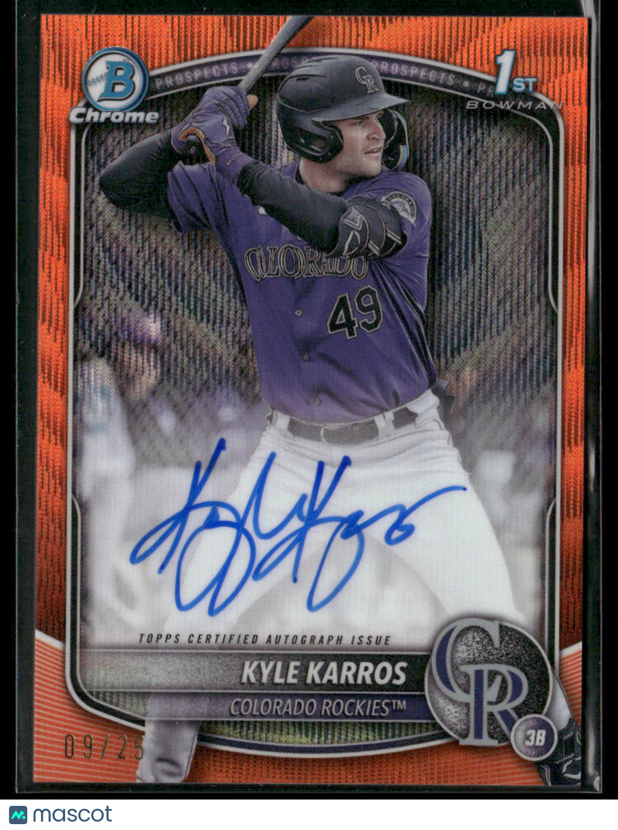 2025 Bowman Chrome Kyle Karros #CPA-KK Orange Wave 09/25 1st Bowman Auto (BT)