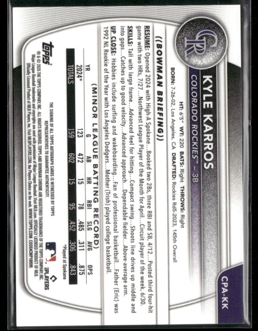 2025 Bowman Chrome Kyle Karros #CPA-KK Orange Wave 09/25 1st Bowman Auto (BT)