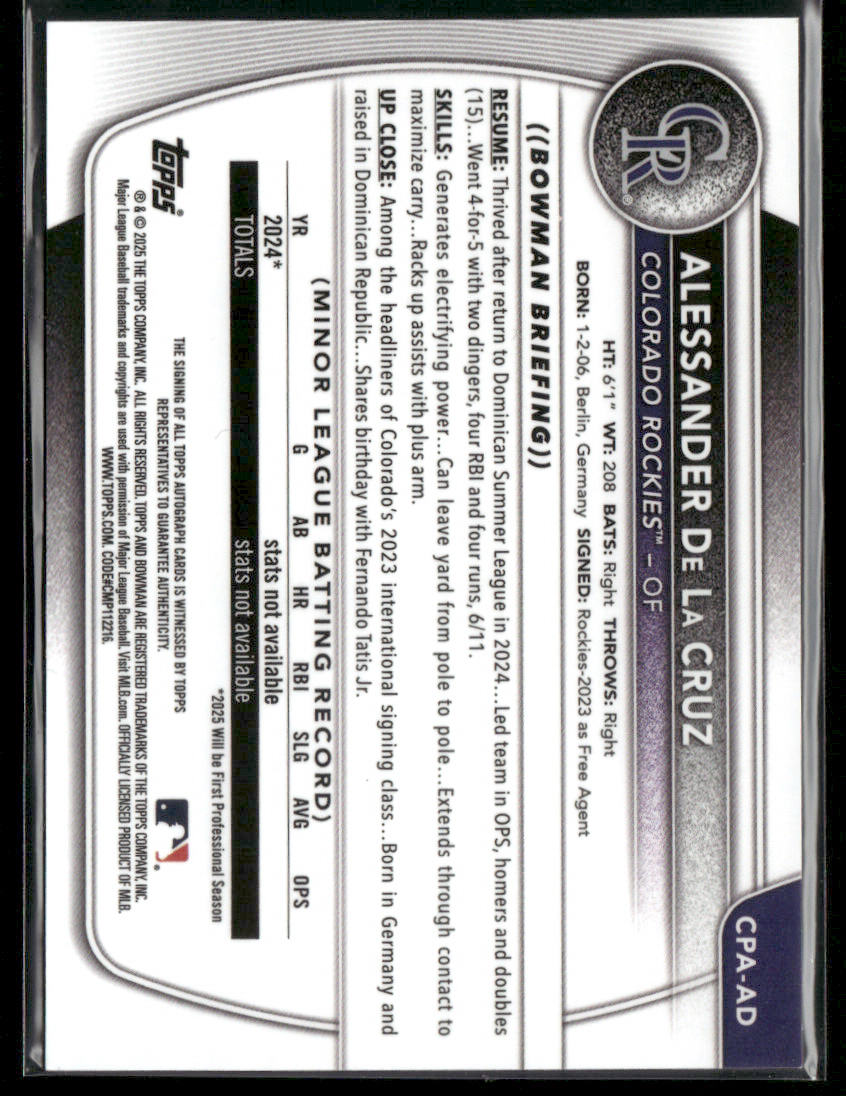 2025 Bowman Chrome Alessander De La Cruz #CPA-AD 1st Bowman Auto (BT)