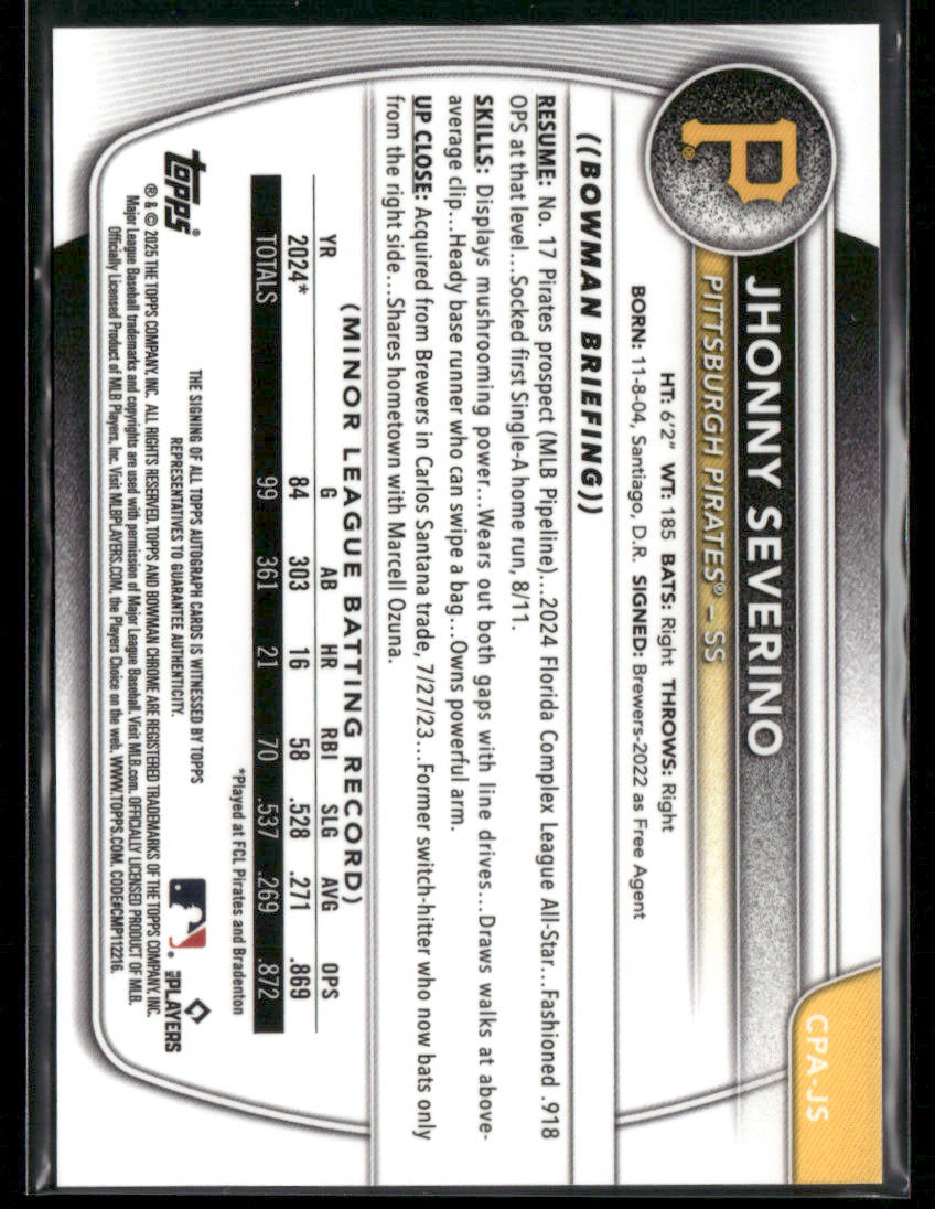 2025 Bowman Chrome Jhonny Severino #CPA-JSE 1st Bowman Auto (BT)