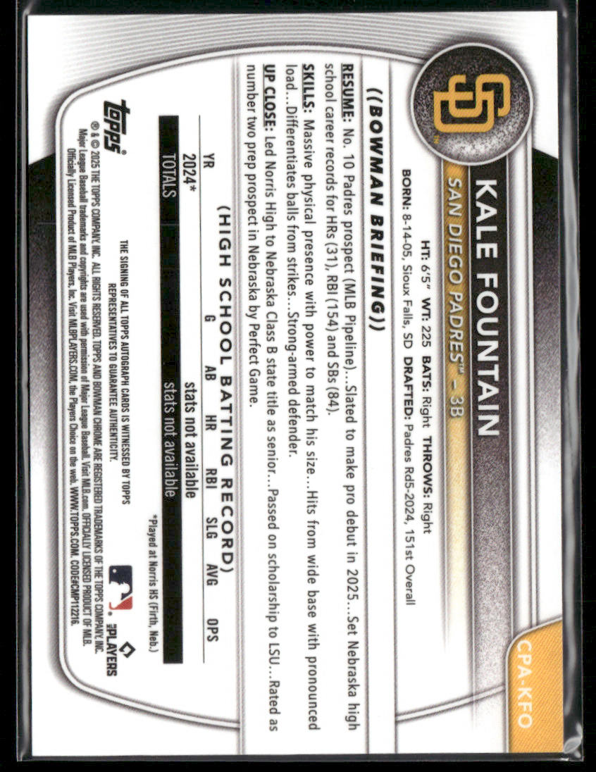 2025 Bowman Chrome Kale Fountain #CPA-KFO 1st Bowman Auto (BT)