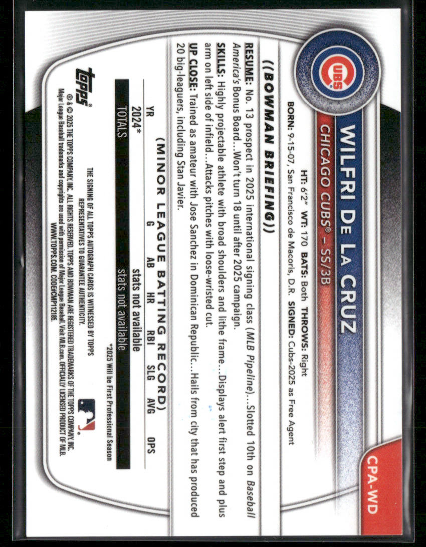 2025 Bowman Chrome Wilfri De La Cruz #CPA-WD HTA 1st Bowman Auto 136/150 (BT)