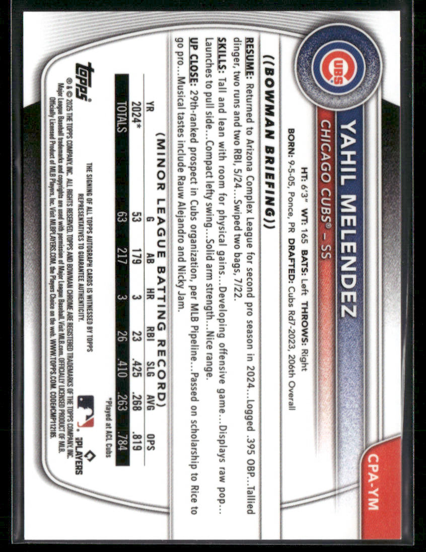 2025 Bowman Chrome Yahil Melendez #CPA-YM Blue 1st Bowman Auto 089/150 (BT)