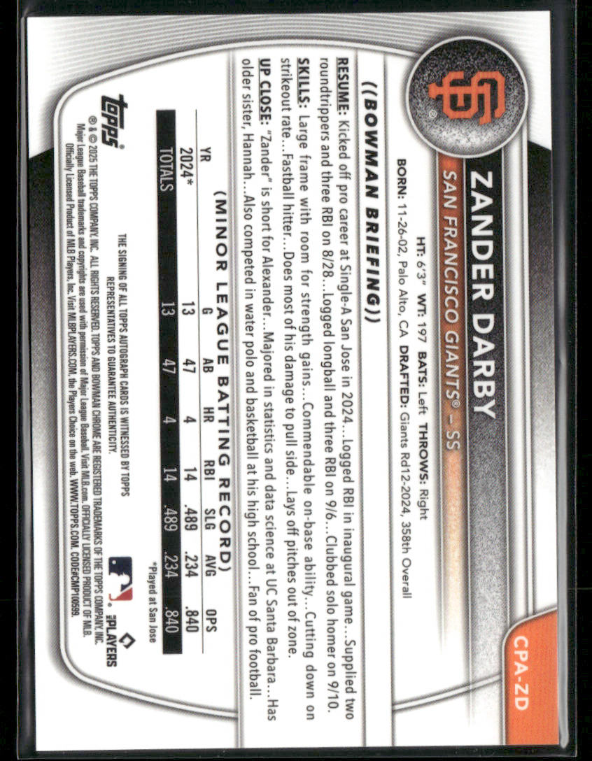 2025 Bowman Chrome Zander Darby #CPA-ZD Green Lava 1st Bowman Auto 50/99 (BT)