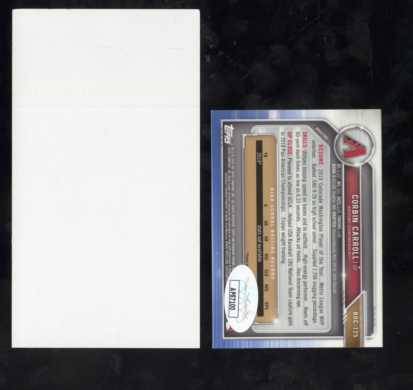 2019 Bowman Chrome Corbin Carroll #BDC-213 1st Bowman Hand Signed Auto JSA COA