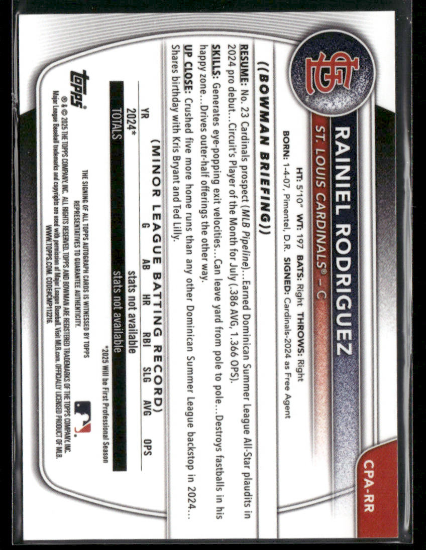 2025 Bowman Chrome Rainiel Rodriguez #CPA-RR 1st Bowman Auto
