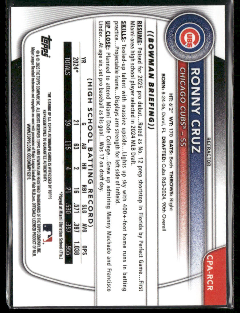 2025 Bowman Chrome Ronny Cruz #CPA-RCR Refractor 1st Bowman Auto 225/499