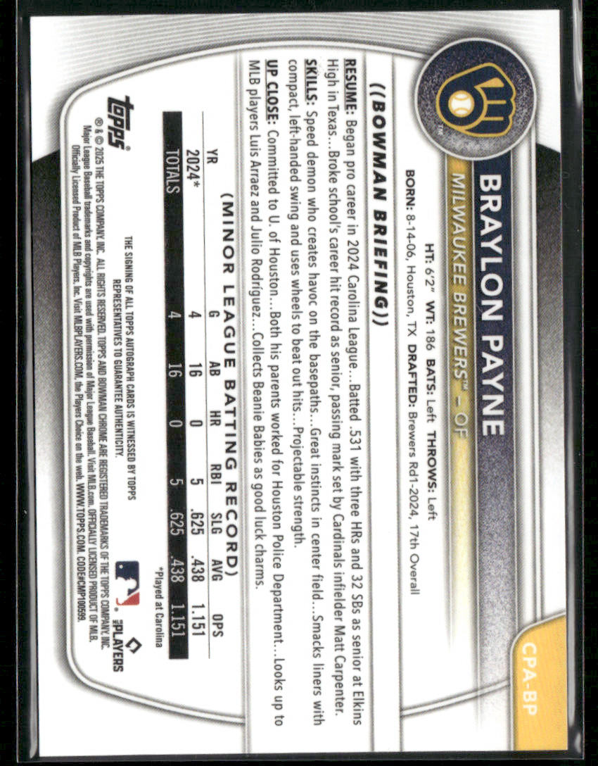 2025 Bowman Chrome Braylon Payne #CPA-BP Purple Refractor 177/250 Auto