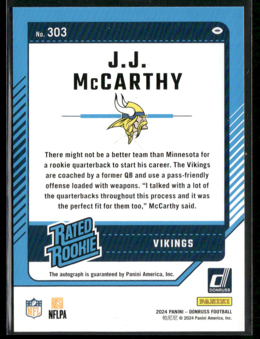 2024 Panini Donruss J.J. McCarthy #303 Blue Rated Rookie Auto