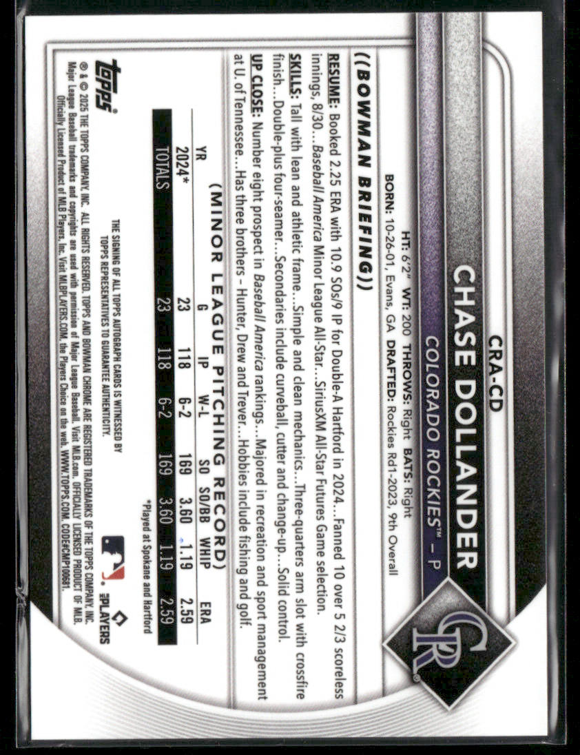 2025 Bowman Chrome Chase Dollander #CRA-CD RC Rookie Auto RC Rookie Auto