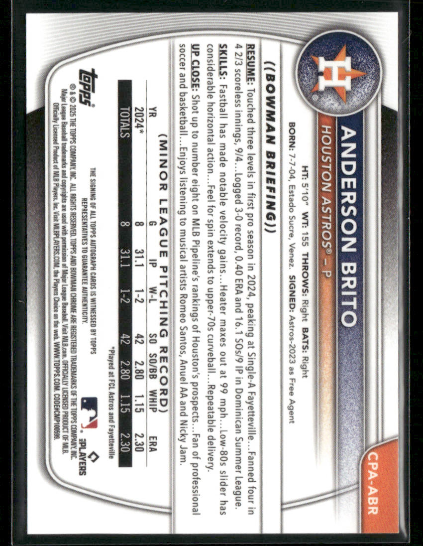 2025 Bowman Chrome Anderson Brito #CPA-ABR Green Lava 1st Bowman Auto 43/99