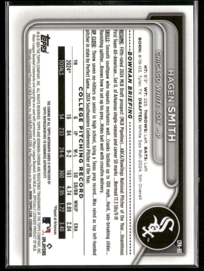 2024 Bowman Draft Sapphire Hagen Smith #CPA-HSM Chrome 1st Bowman Auto 052/199