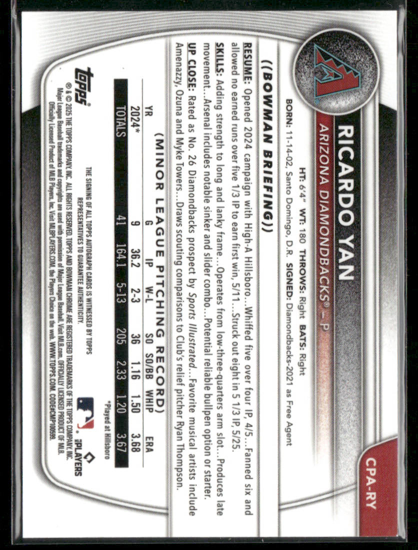 2025 Bowman Ricardo Yan #CPA-RY Speckle Refractor 1st Bowman Chrome Auto 093/299