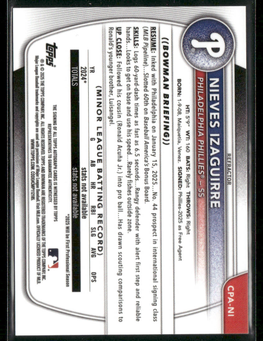 2025 Bowman Chrome Nieves Izaguirre #CPA-NI Refractor 1st Bowman Auto 377/499