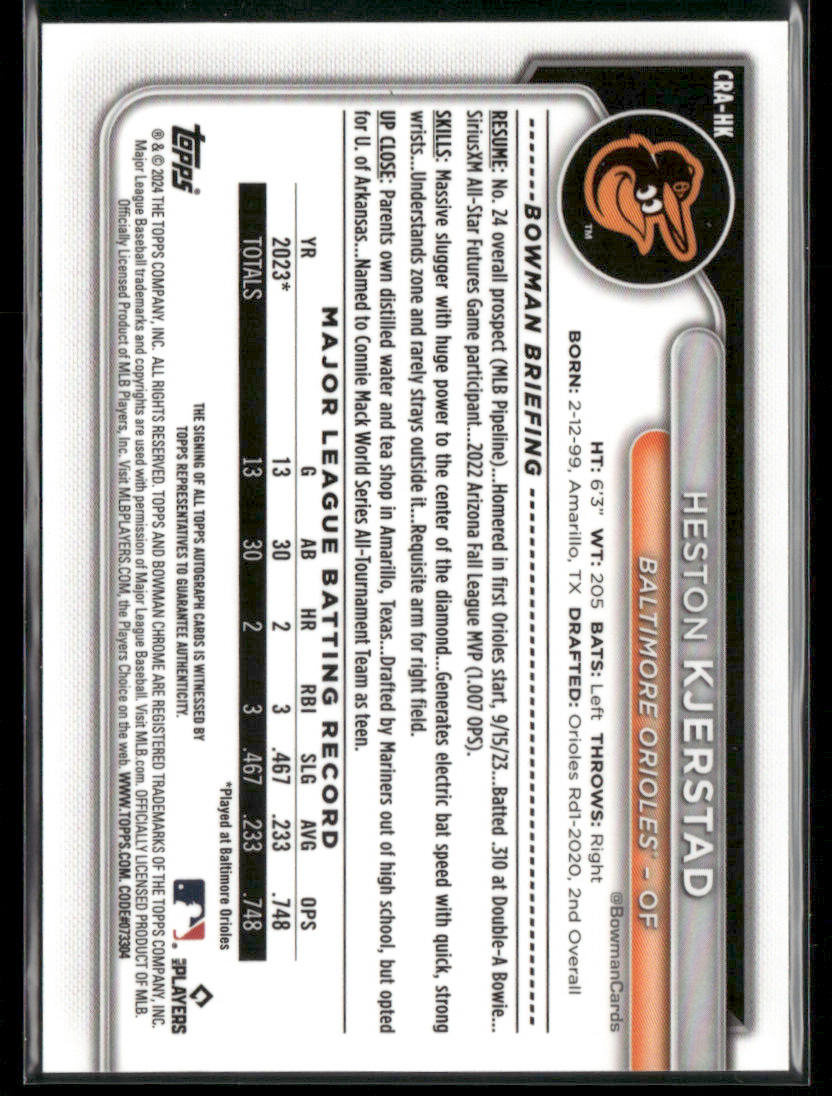 2024 Bowman Chrome Heston Kjerstad #CPA-HK Yellow Refractor RC Rookie Auto 39/75