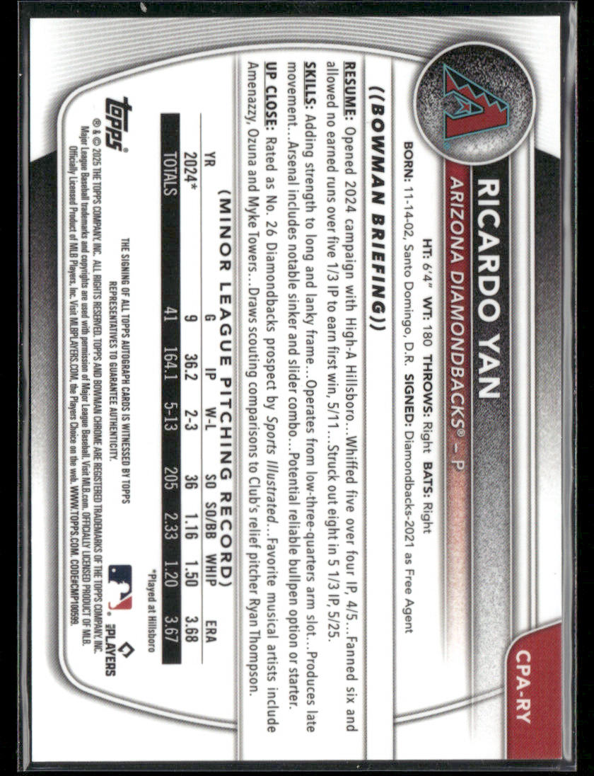 2025 Bowman Ricardo Yan #CPA-RY Yellow Refractor Chrome 1st Bowman Auto 37/75