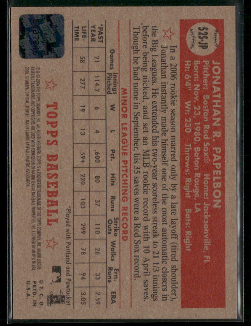 2006 Topps 52 Jonathan Papelbon #52S-JP RC Rookie Auto