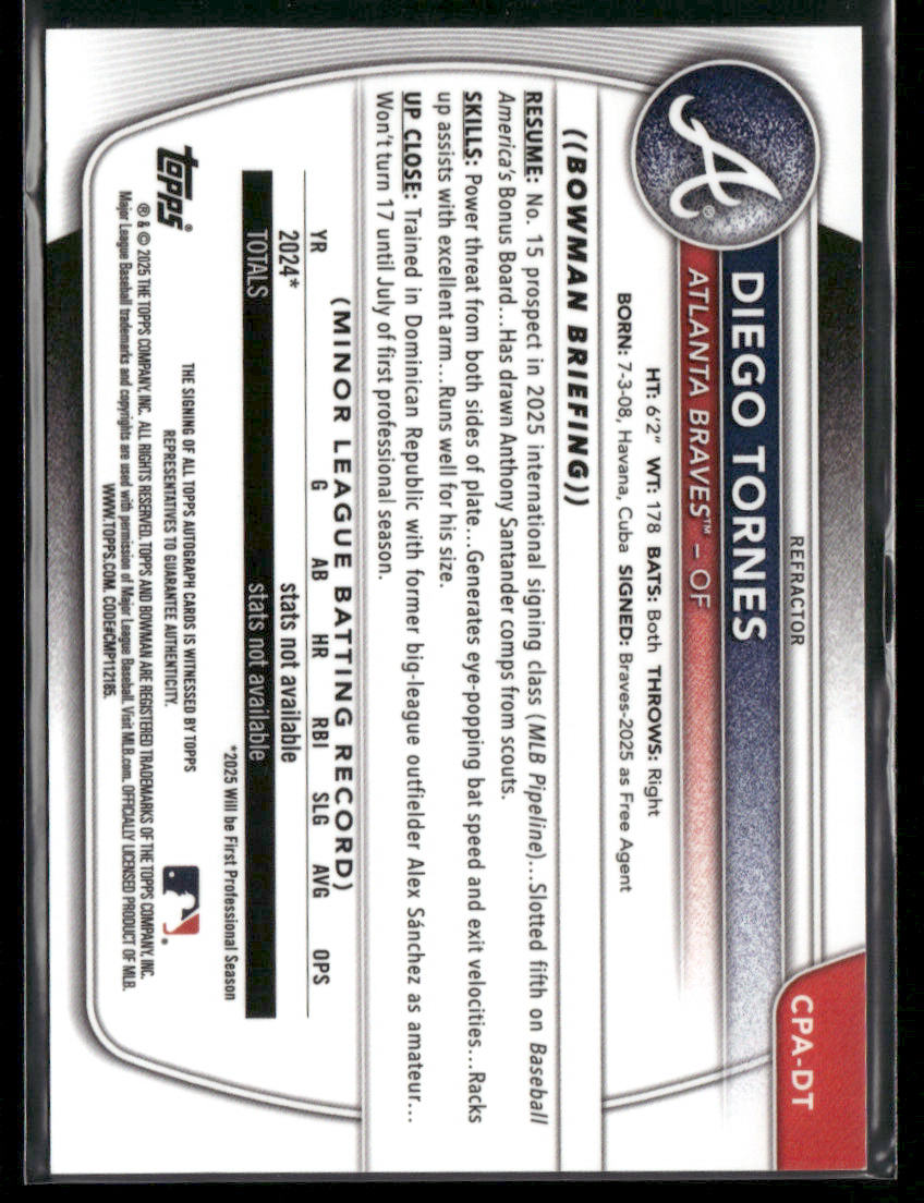 2025 Bowman Chrome Diego Tornes #CPA-DT 1st Bowman Auto Refractor 099/499