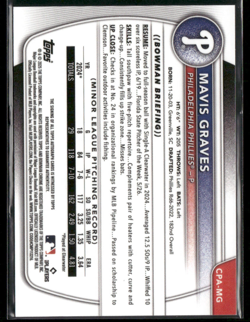 2025 Bowman Chrome Mavis Graves #CPA-MG HTA Choice 078/150 1st Bowman Auto