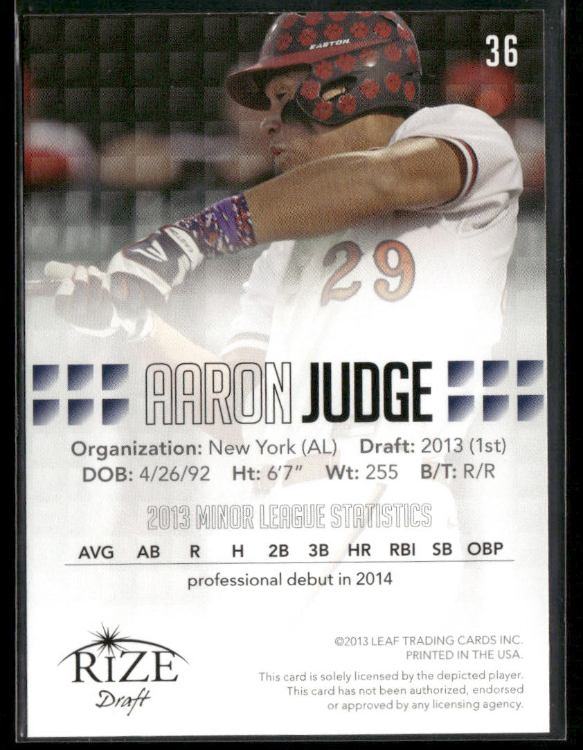 2013 Leaf Rize Draft Aaron Judge #36 Pink RC Rookie /200