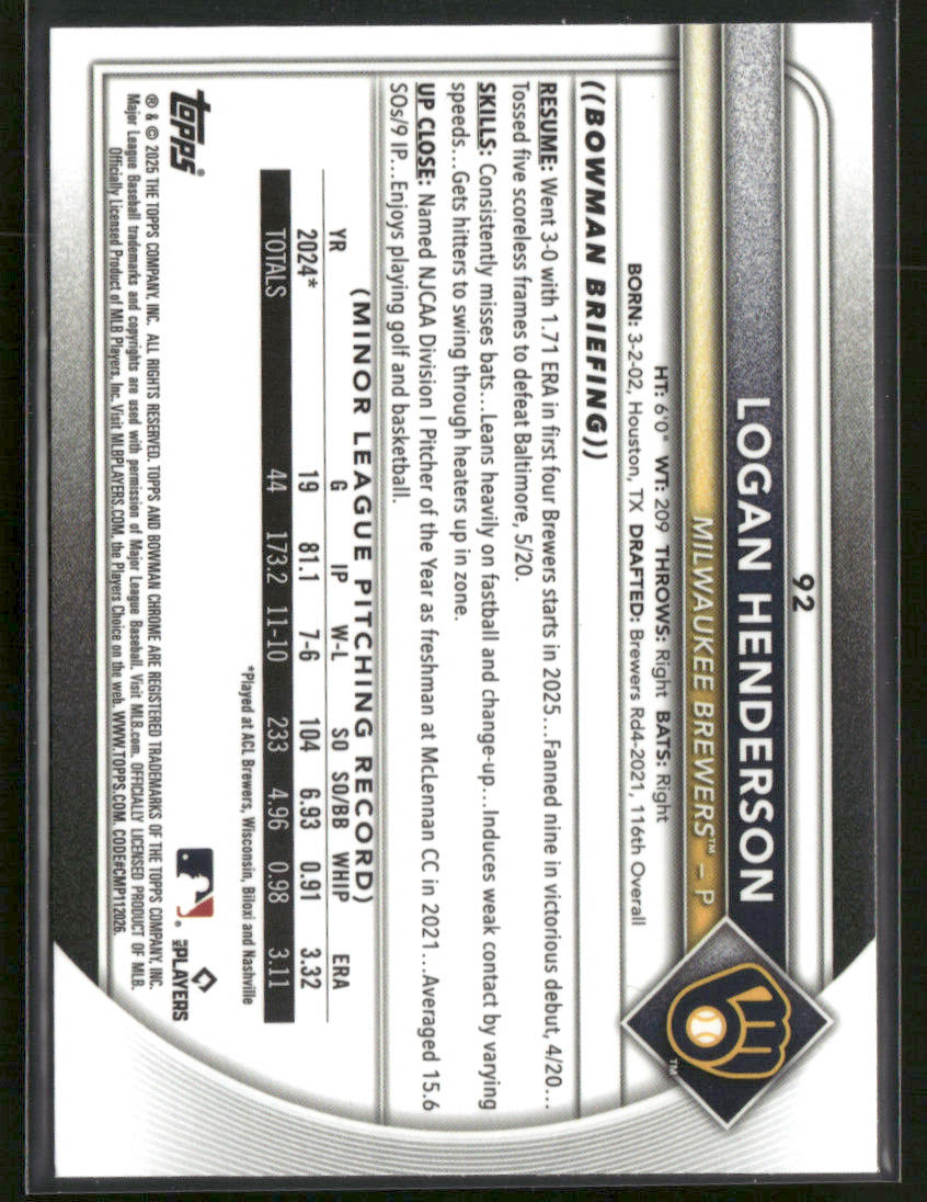 2025 Bowman Chrome Logan Henderson #92 Yellow Refractor RC Rookie 09/75