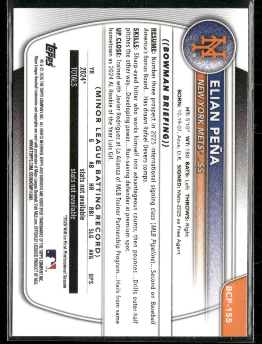 2025 Bowman Chrome Elian Peña #BCP-155 Purple Geometric 1st Bowman 099/250