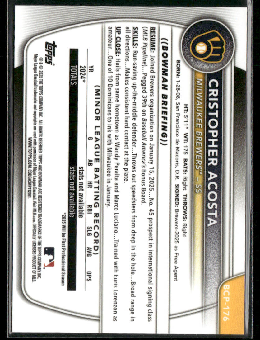 2025 Bowman Chrome Cristopher Acosta #BCP-176 Orange Wave 1st Bowman 16/25