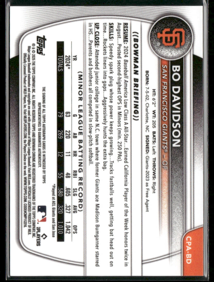 2025 Bowman Chrome Bo Davidson #CPA-BD Blue RayWave 080/150 1st Bowman Auto