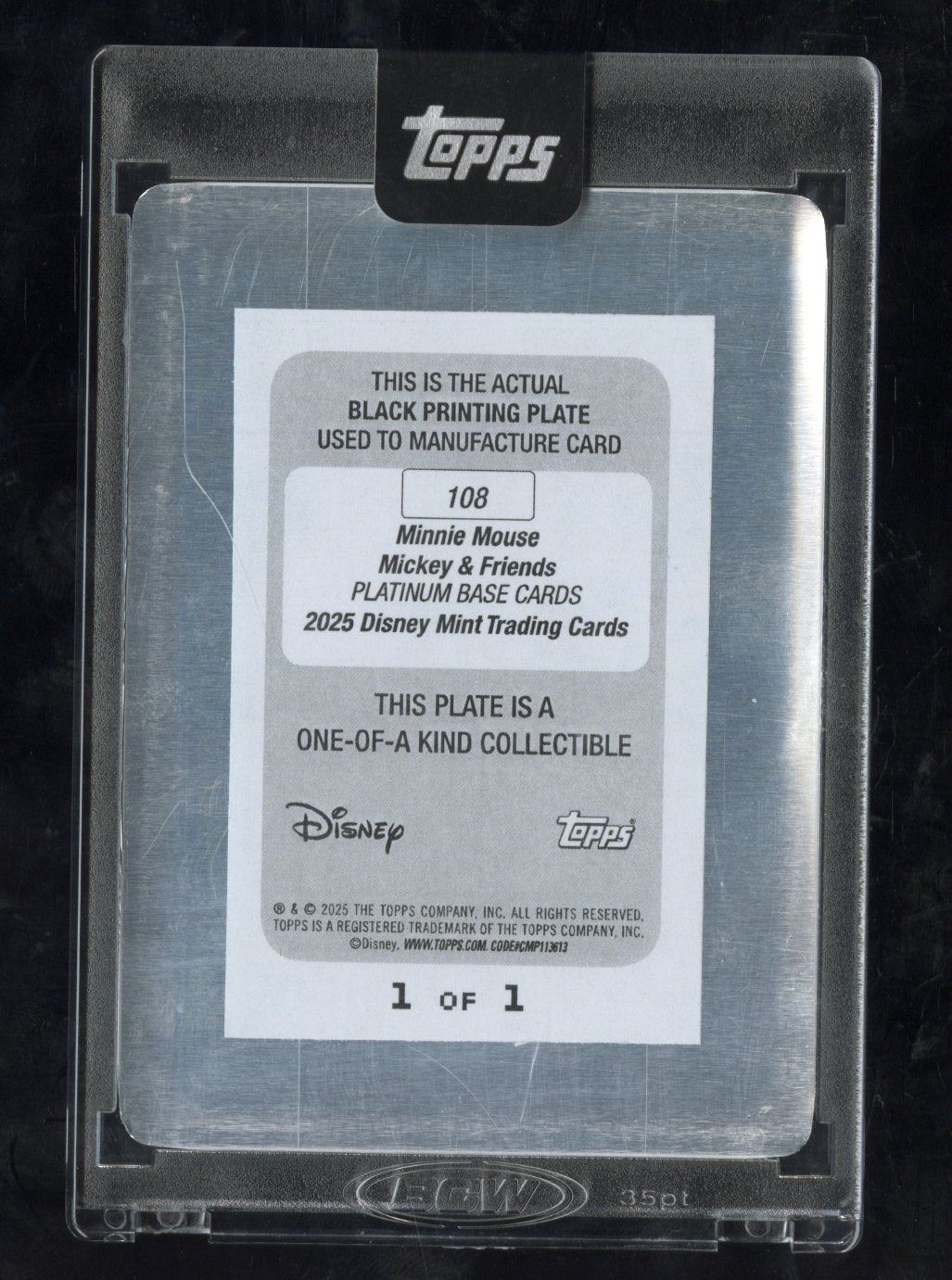 2025 Topps Disney Mint Minnie Mouse Platinum Black Printing Plate 1/1 #108 (BW)