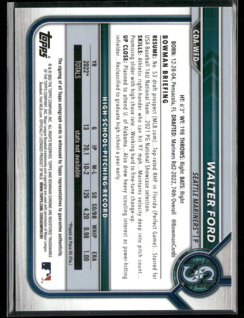2022 Bowman Draft Chrome Walter Ford #CDA-WFO RayWave Refractor Auto