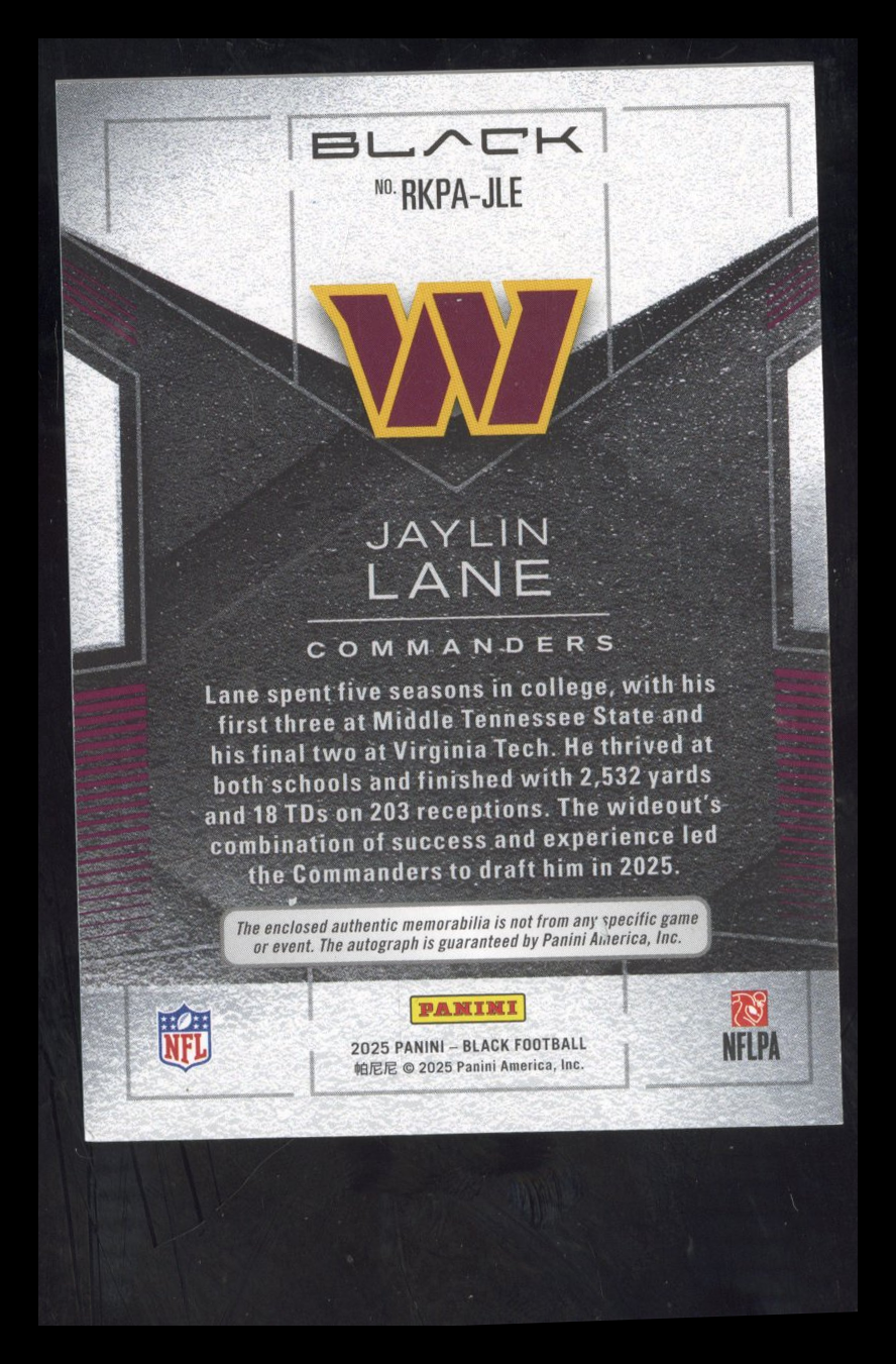 2025 Panini Black Football Jaylin Lane #RKPA-JLE Rookie Patch Auto Emerald 14/25