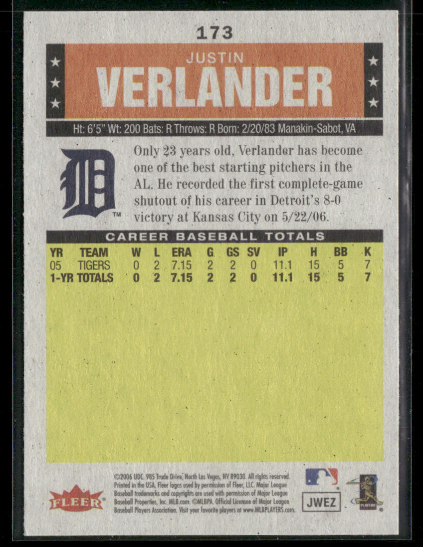 2006 Fleer Tradition Justin Verlander #173 Black & White RC Rookie