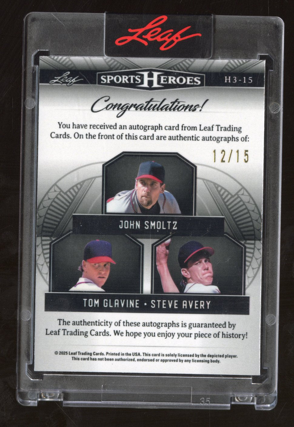 2025 Leaf Sports Heroes John Smoltz Tom Glavine Steve Avery Ice Auto 12/15