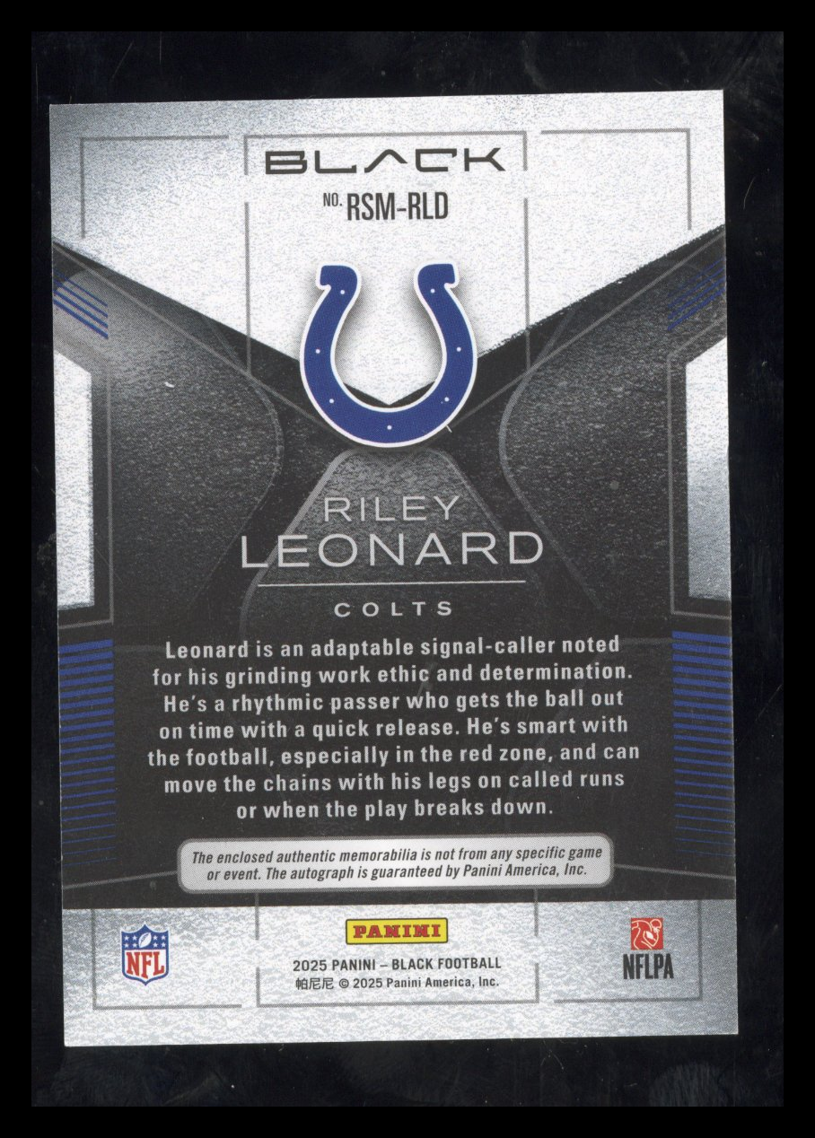 2025 Panini Black Riley Leonard #RSM-RLD RC Rookie Dual Patch Auto Royal 17/99