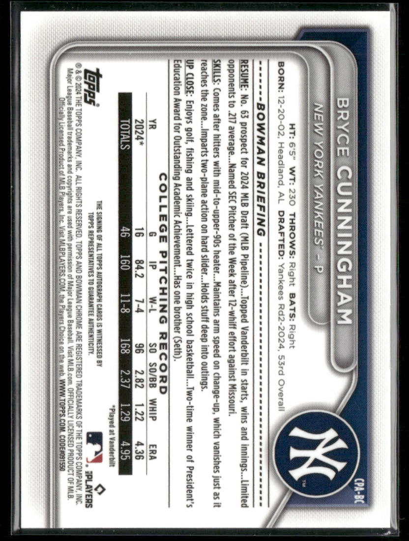 2024 Bowman Draft Bryce Cunningham #CPA-BC Blue Wave Auto 1st Bowman 020/150