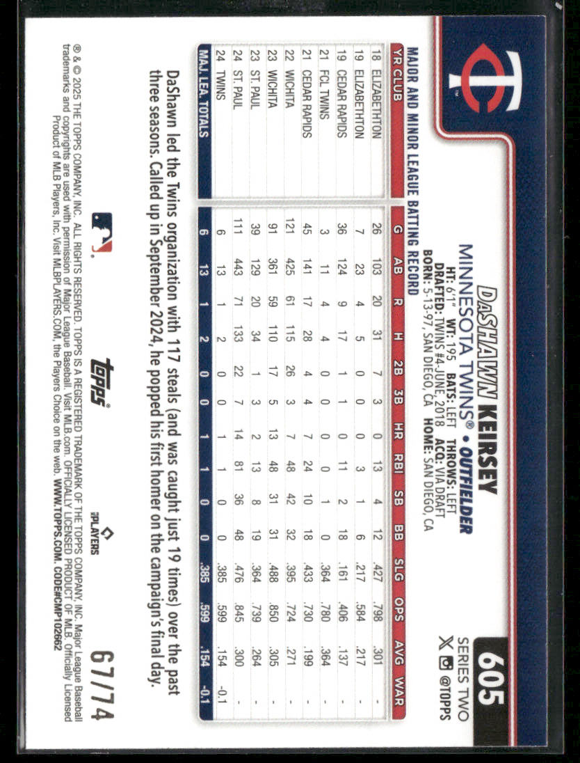 2025 Topps Series 2 DaShawn Keirsey #605 Black 67/74 RC Rookie