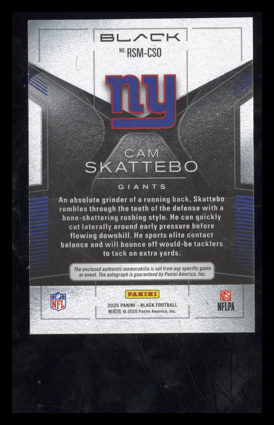 2025 Panini Black Cam Skattebo #RSM-CSO RC Rookie Signature Materials Auto /149