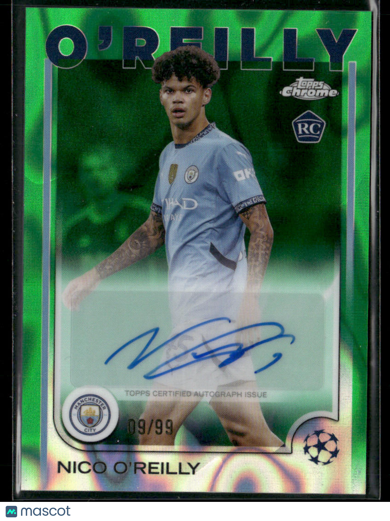 2024-25 Topps Chrome UEFA CC Nico O'Reilly #CA-NO Green Lava 09/99 Autograph RC