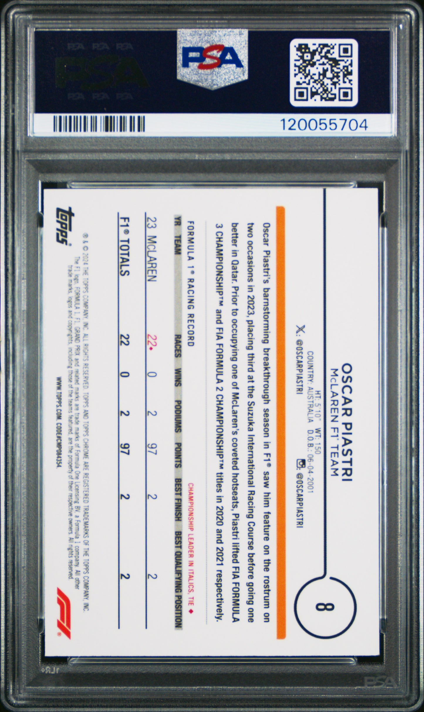 2024 Topps Chrome Formula 1 Oscar Piastri #8 Fuchsia Lava Refractor /225 PSA 9