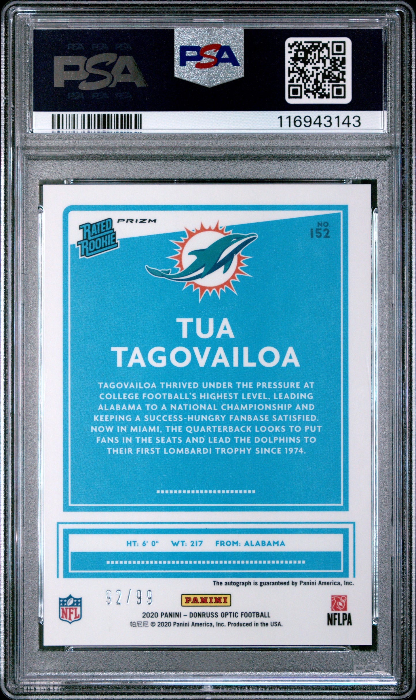 2020 Panini Donruss Optic Tua Tagovailoa #152 Auto Holo /99 Rated Rookie PSA 10