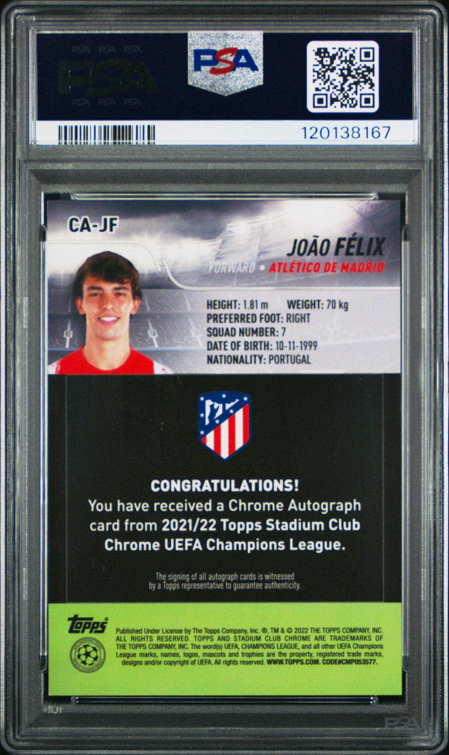 2021-22 Topps Stadium Club UEFA Joao Felix #CA-JF Chrome Auto Refractor PSA 9